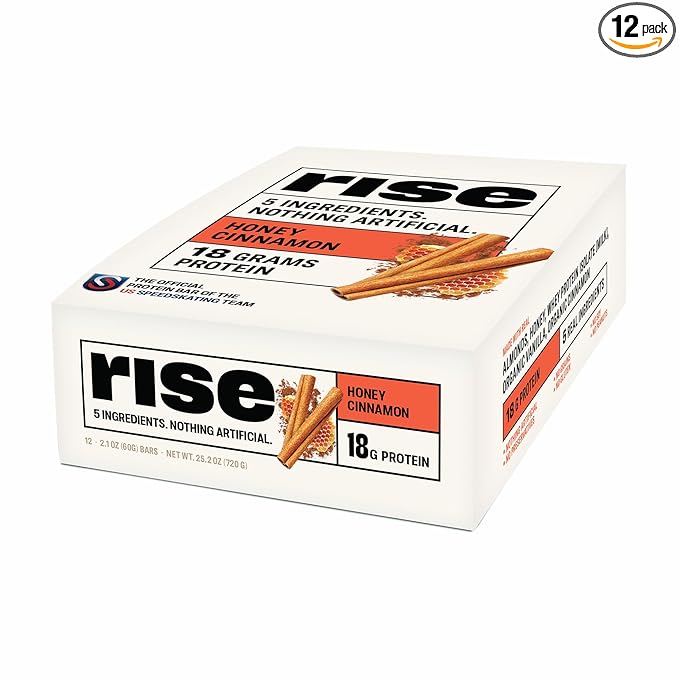 Rise Whey Protein Bars - Honey Cinnamon | Breakfast Bar & Protein Snack 18g Protein 4g Fiber Just 5 Whole Food Ingredients Gluten-Free Soy Free