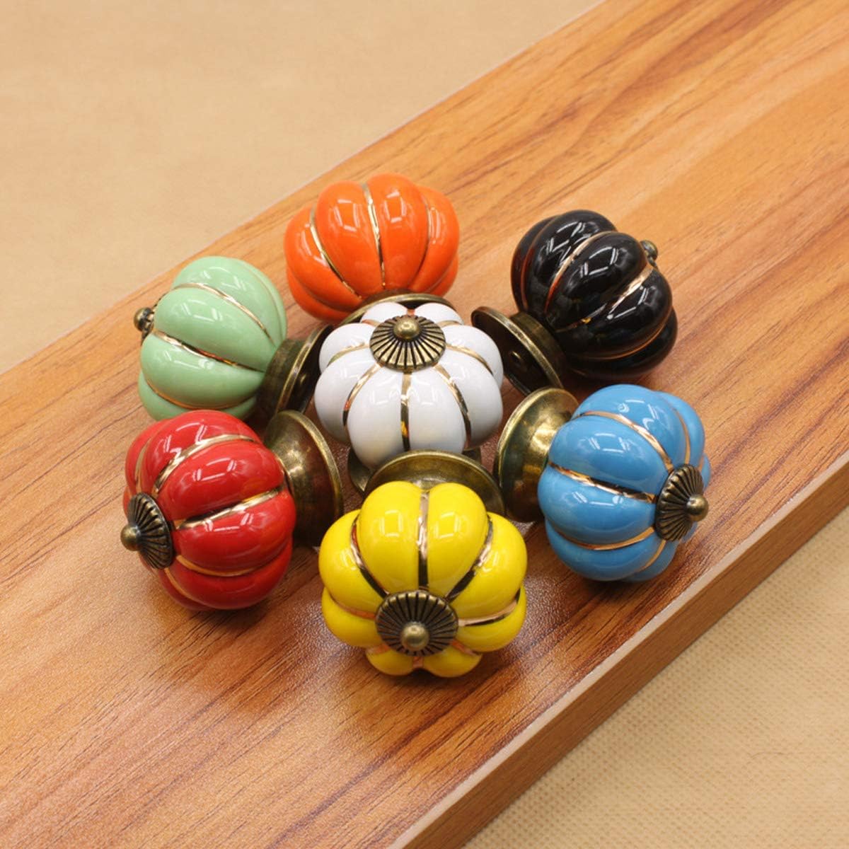 HUAMULAN 7PCS Mixed Color Ceramic Knobs Cabinet Drawer Pumpkin Shape Glazed Cupboard Dresser Pull Handle DIY Decor Kitchen Furniture Door Kids Room