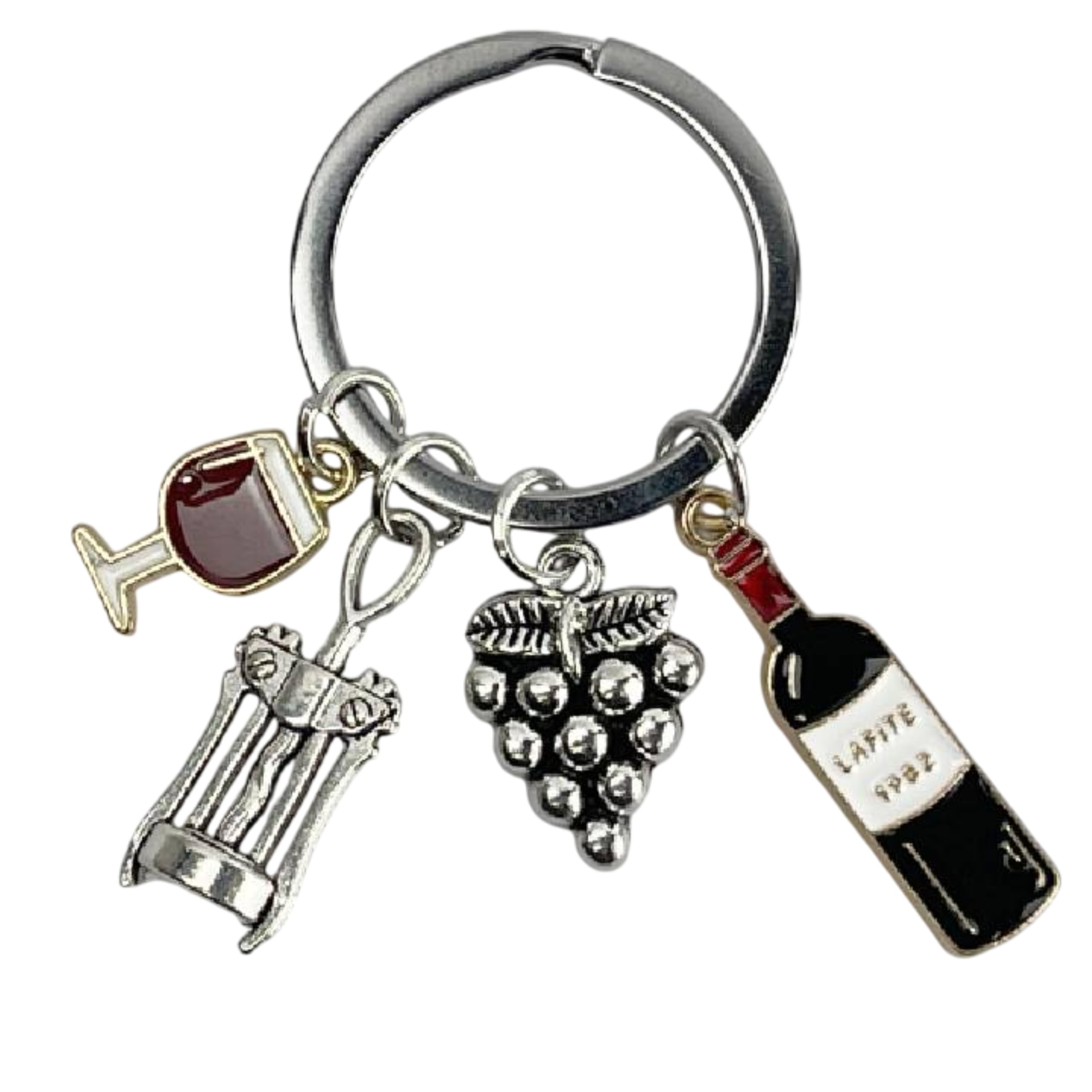Mundo Llavero Wine Cellar Keyring – Key Rings for Wine Lovers with Bottle, Glass, Corkscrew and Grapes – Unisex Keychain, Grey