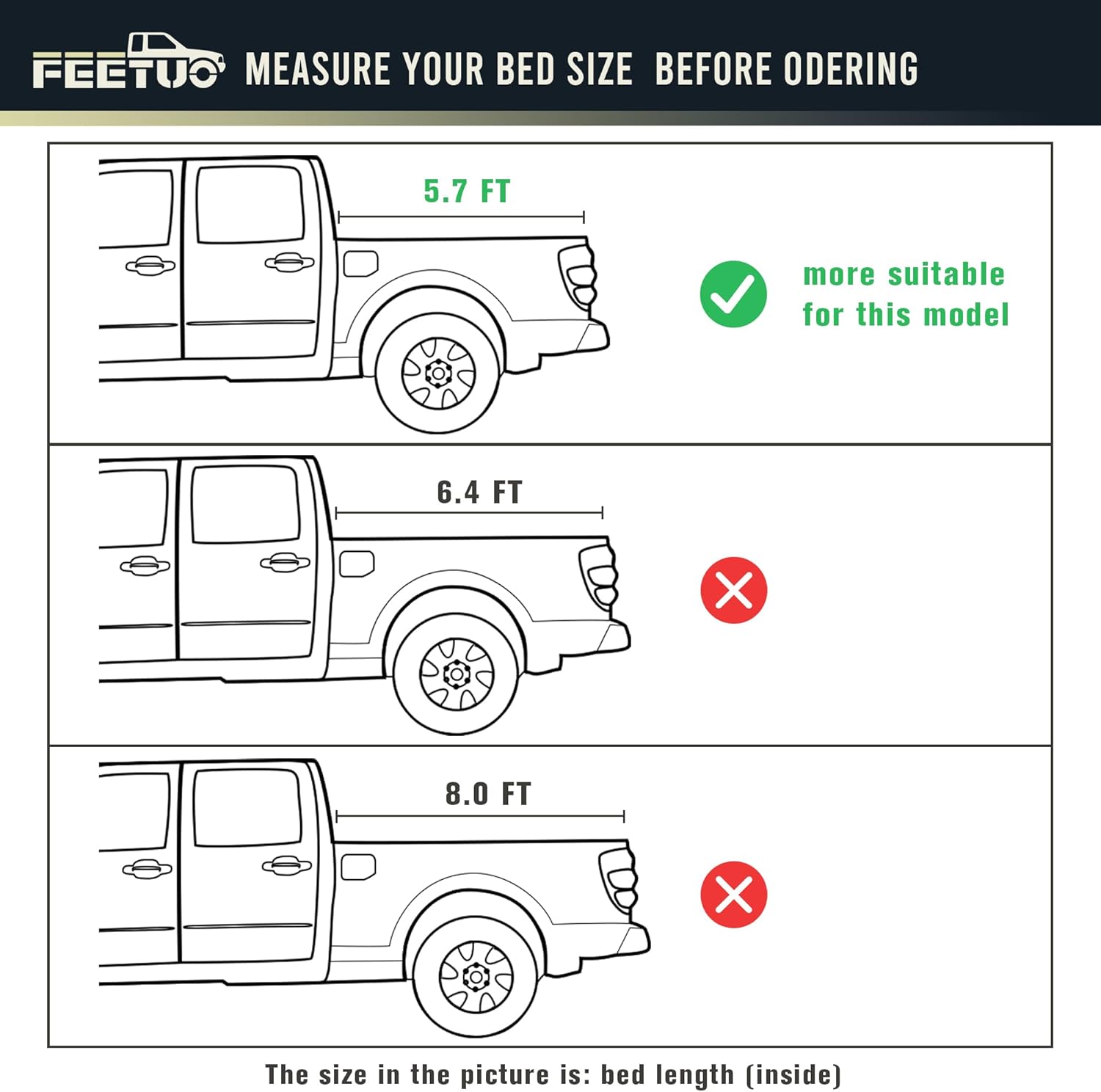 Diagram illustrating truck bed length measurements, highlighting 5.7FT as suitable.