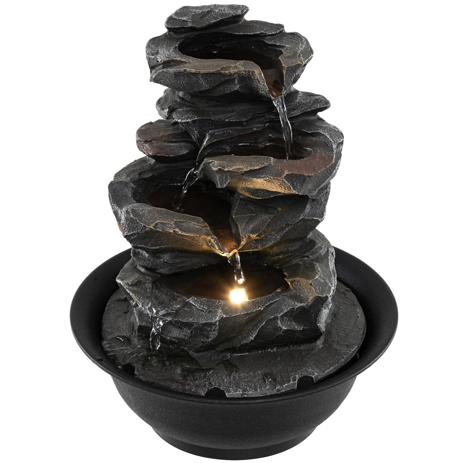 COSTWAY Indoor Water Fountain, Tabletop Indoor Water Feature with LED Light & Adjustable Flow, Desktop Waterfall Fountain for Home Office Decor Relaxation, 3 Pin UK Plug Included