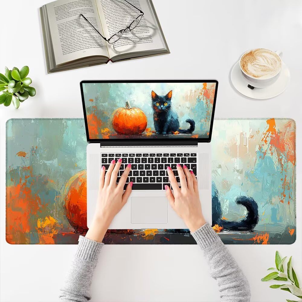 Podkładka pod mysz do gier, duża podkładka pod mysz XXL 1000 x 500 x 3 mm pod ręką kot ze zszytymi krawędziami, podkładka pod mysz do gier XXL, Halloween, wodoodporna, antypoślizgowa, do komputera