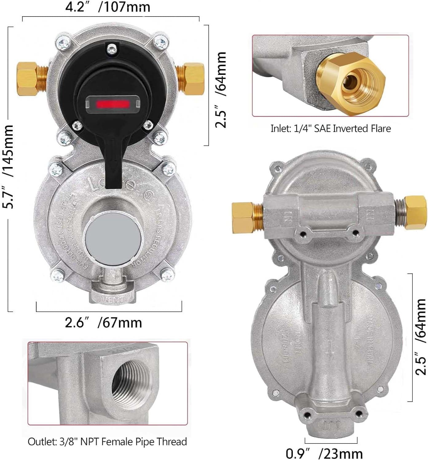 LUIXINFQIZZ RV Propane Regulator 2 Tank Hoses, 2-Stage Propane Regulator with Two 15" RV Pigtail Propane Hoses with Gauge, Stainless Steel Braided QCC1 1/4" Inverted Male Flare