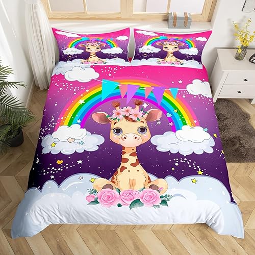 Miniatura 8 de Erosebridal Funda de edredón arcoíris para niños y niñas, bonito juego de ropa de cama de elefante, tamaño individual, funda de edredón de animales