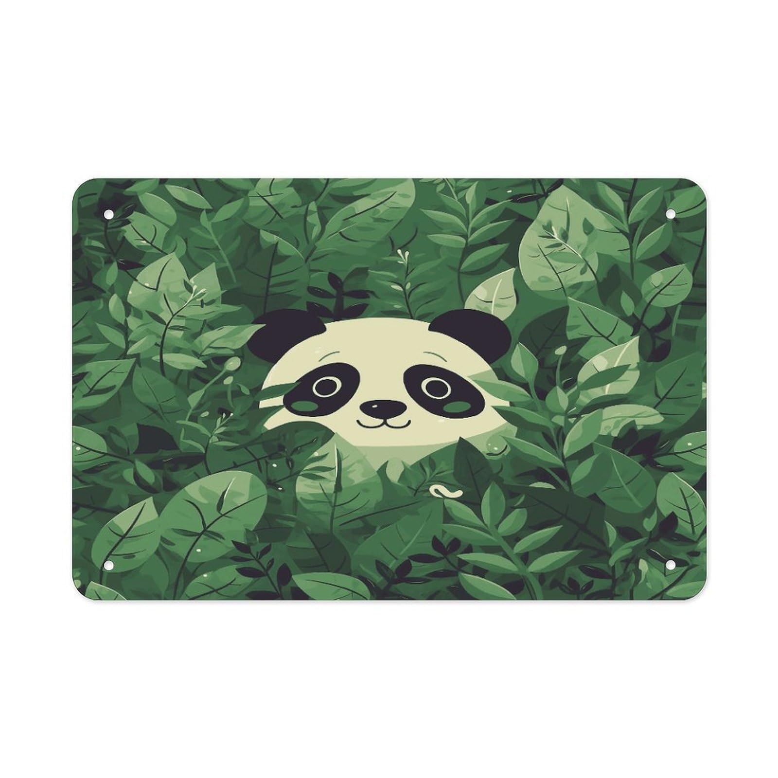 Fekiloot Style Green Leaves Panda Pattern Metal Signs Wall Art Tin Sign