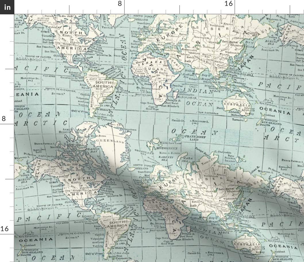 Spoonflower Fabric - Vintage Maps Blue and Cream World Map Geography Countries Travel Printed on Petal Signature Cotton Fabric Fat Quarter - Sewing Quilting Apparel Crafts Decor