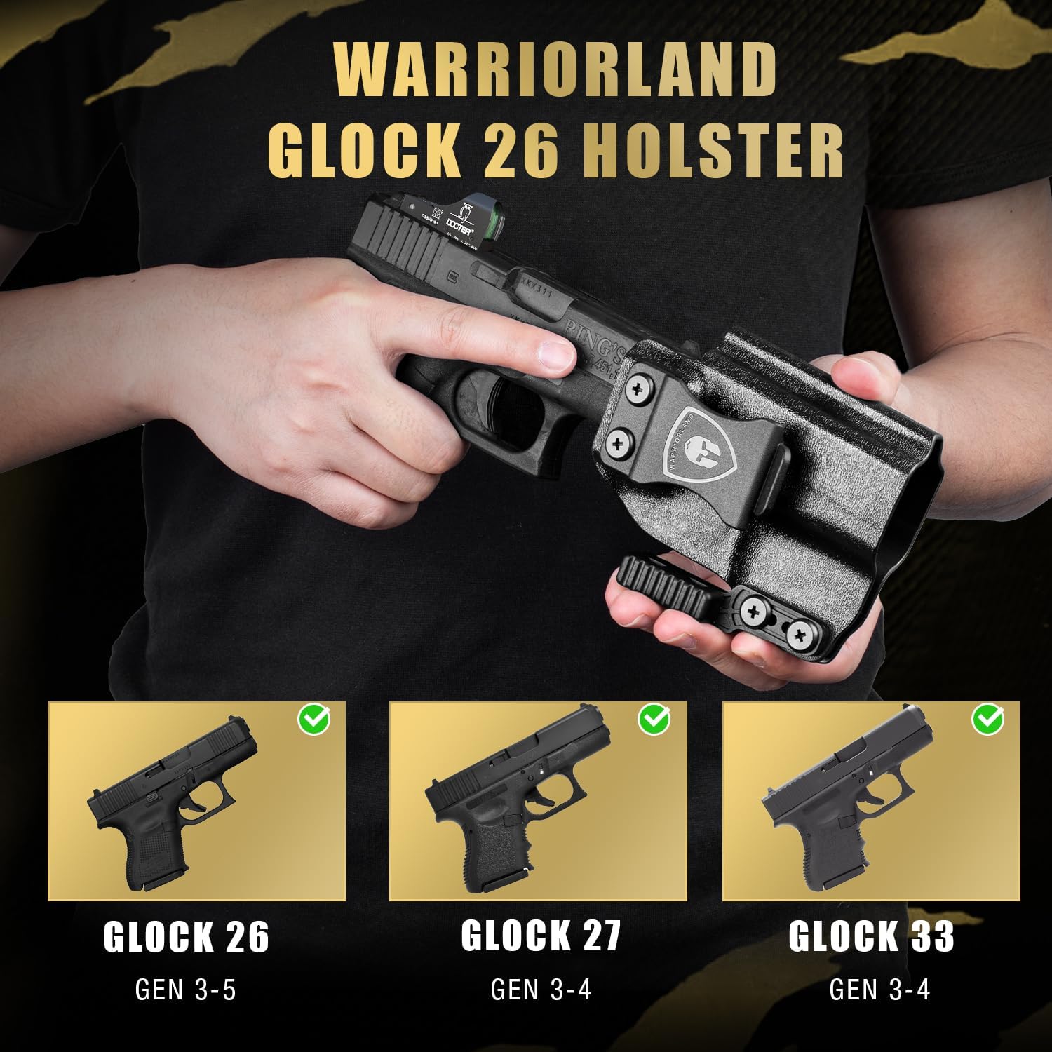 WARRIORLAND IWB Kydex Holster, Fit for Select Glock 17/19/ 19X/20/21/ 26/43X/43Xmos, Hellcat Pro, Sig P320/ P365/P365X/ P365XL, G2C/G3C/G3, M&P Shield/Shield Plus, XDS, SCCY and More, Claw& Optic Cut