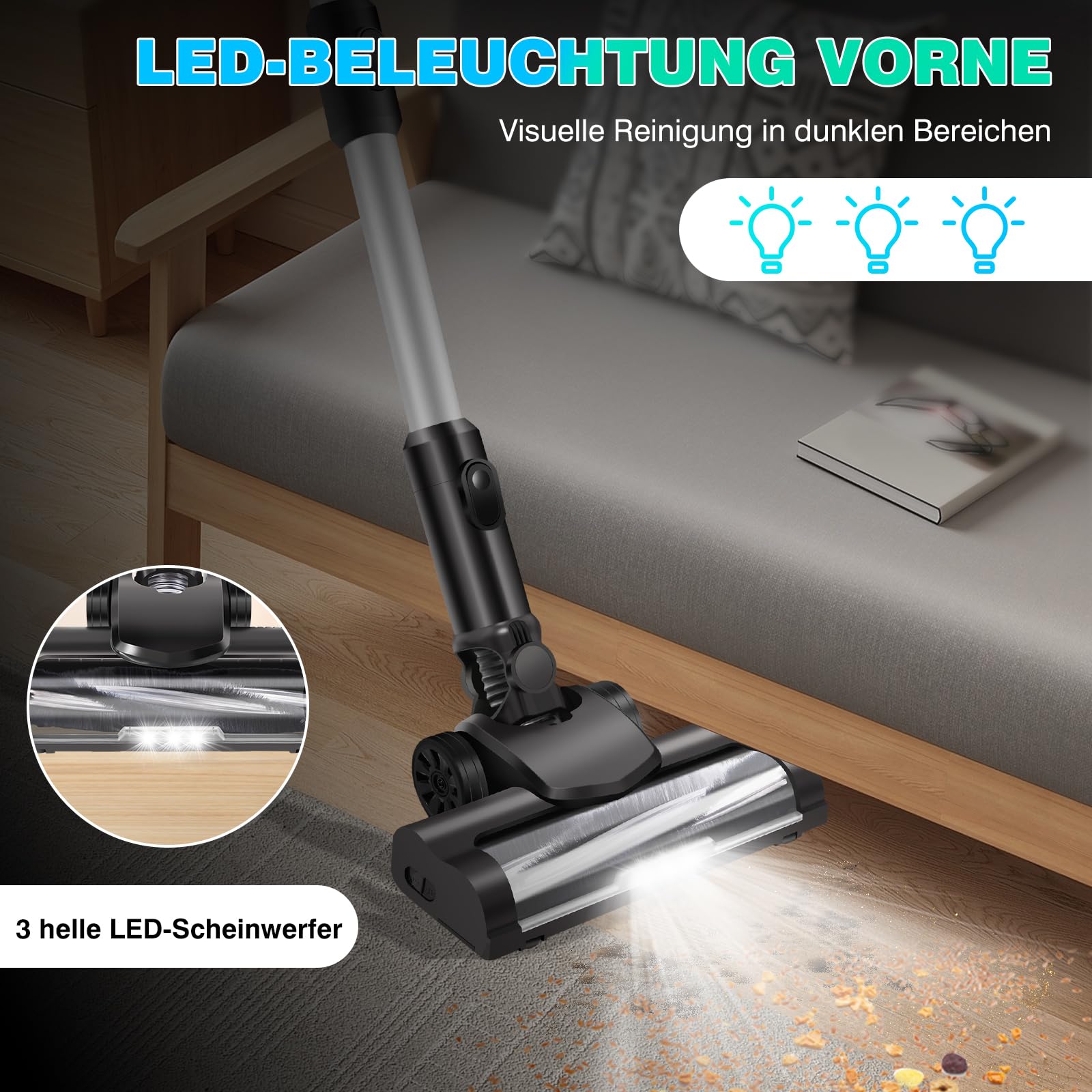 Aspiradora con batería con cepillo de suelo 15000 PA, inalámbrico, 6 en 1, aspiradora de mano con 2 baterías de 3000 mAh, filtro HEPA, LED, para suelos duros, alfombras de pelo de animales
