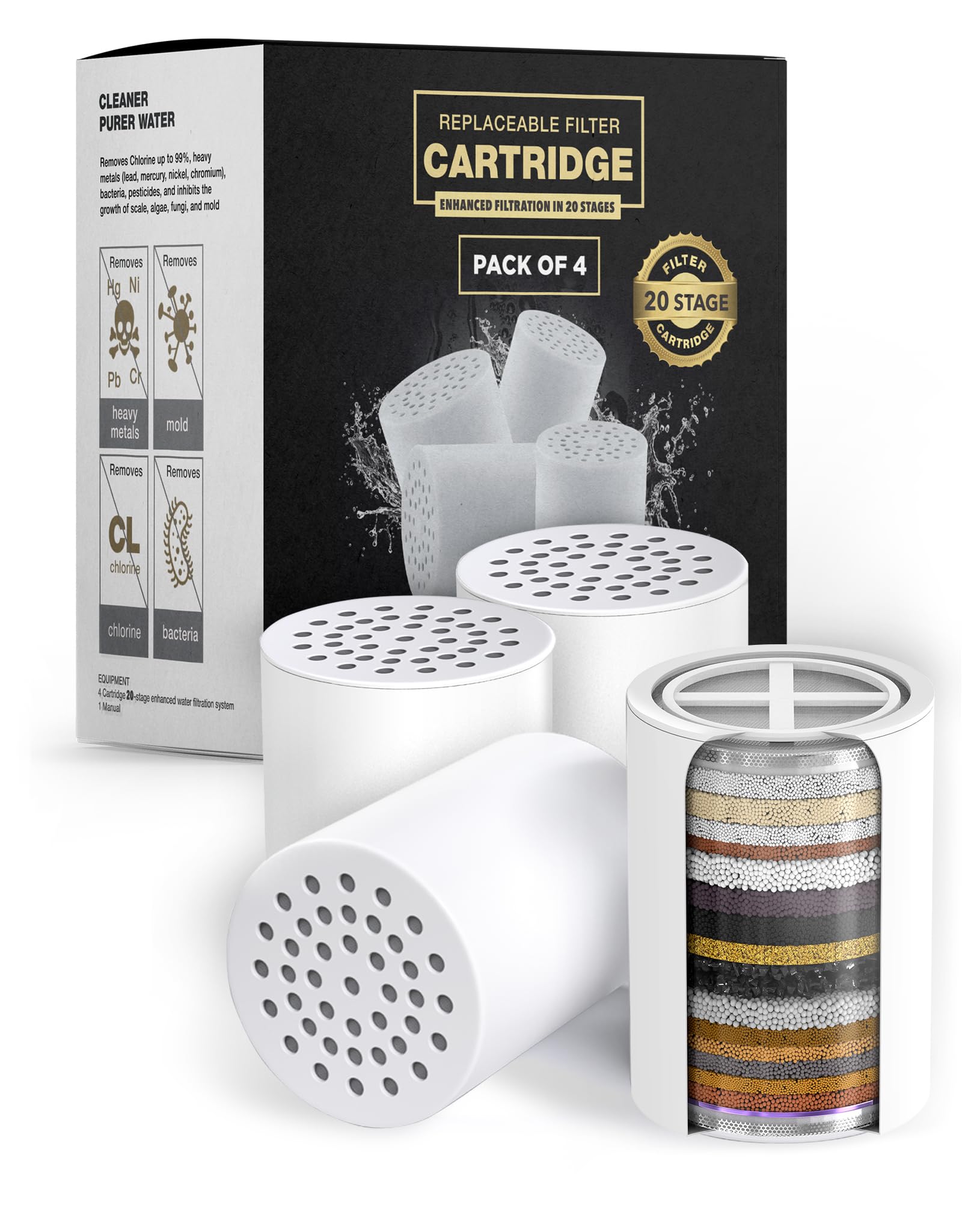 AquaHomeGroup 20 - Stage Replacement Premium Filter Cartridge 4-pack (No Housing), Compatible with Any Shower Filter of Similar Design 15 and 20