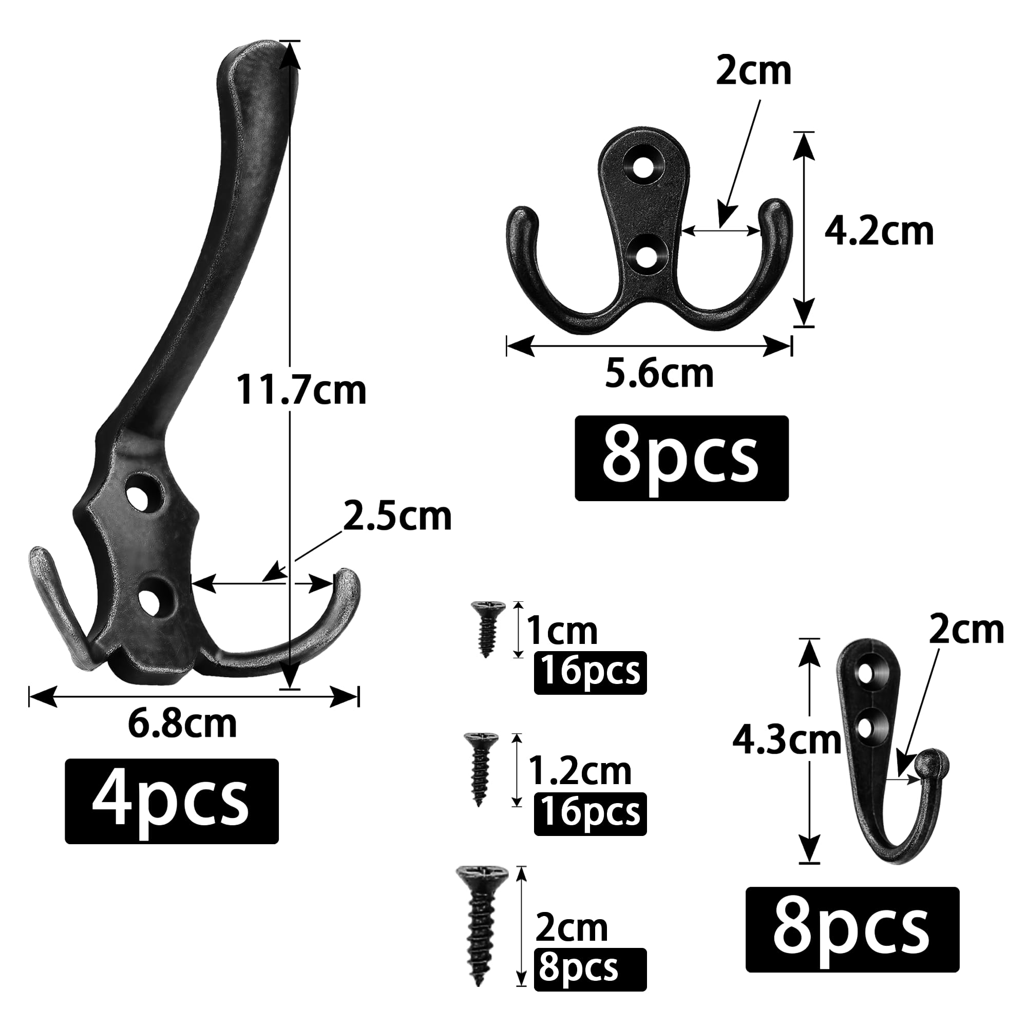 4x Doppelt Wandhaken Aus Aluminium – Schwarz, 7,5x6 Cm – Mit Schrauben & Dübeln – Für Schlafzimmer, Bad, Küche