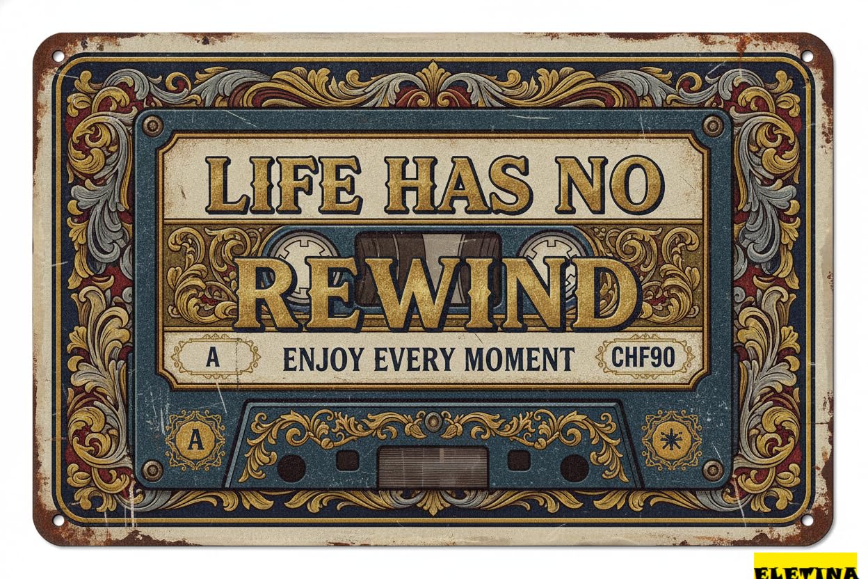 Life Has No Rewind Enjoy Every Moment Color Music Cassette Tin Sign Office Wall Art Motivational Decor 8x12in