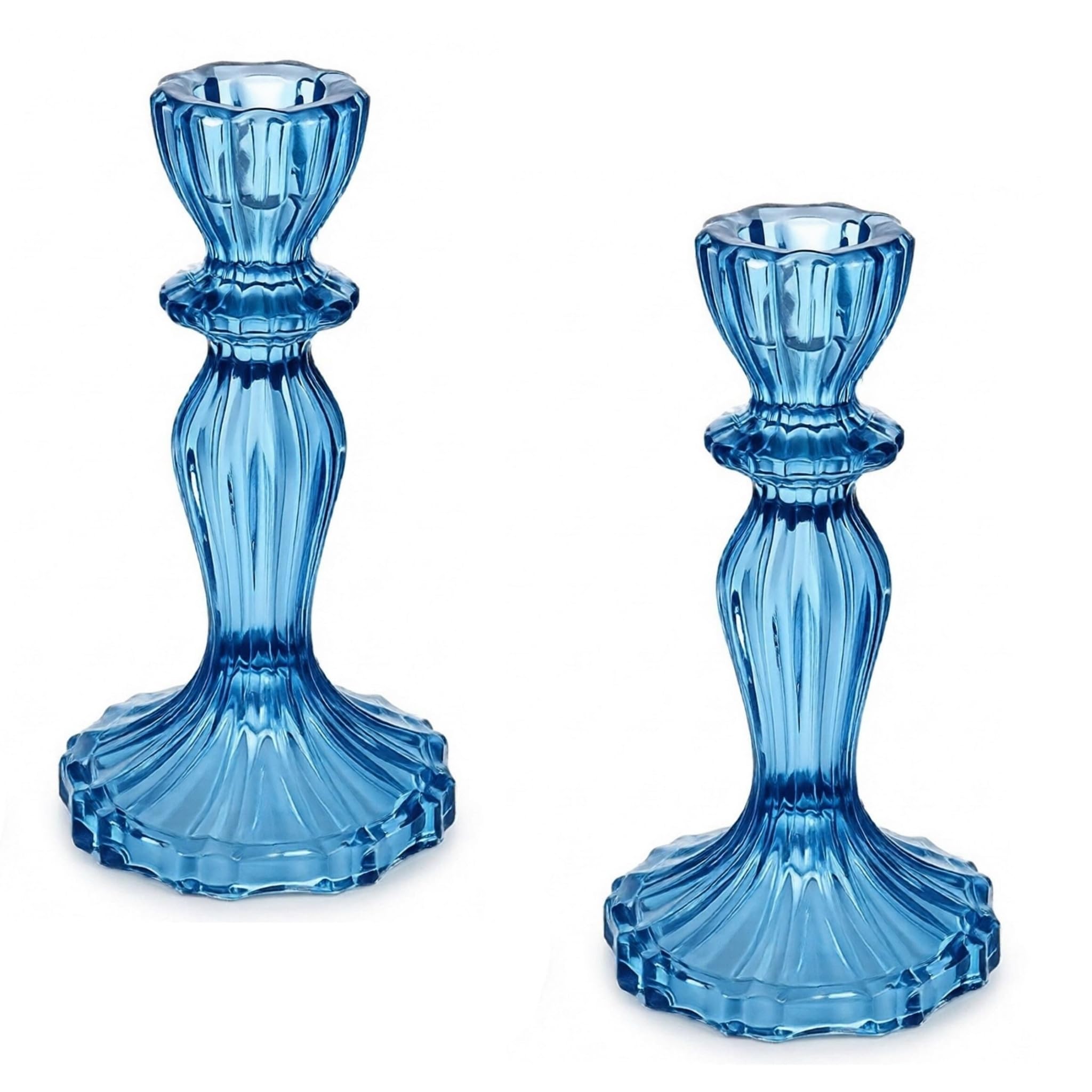 2pcs Vintage Blue Coloured Glass Tall Candle Holders Candlestick Holders Pillar Holders (Blue)