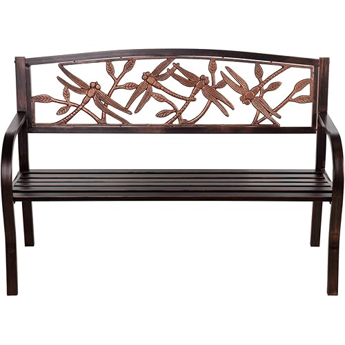 Evergreen Garden Weatherproof Dragonfly Outdoor Bench | Holds Up to 300 lbs. | Furniture for Lawn Garden Patio Porch Park Deck | Steel | Bronze