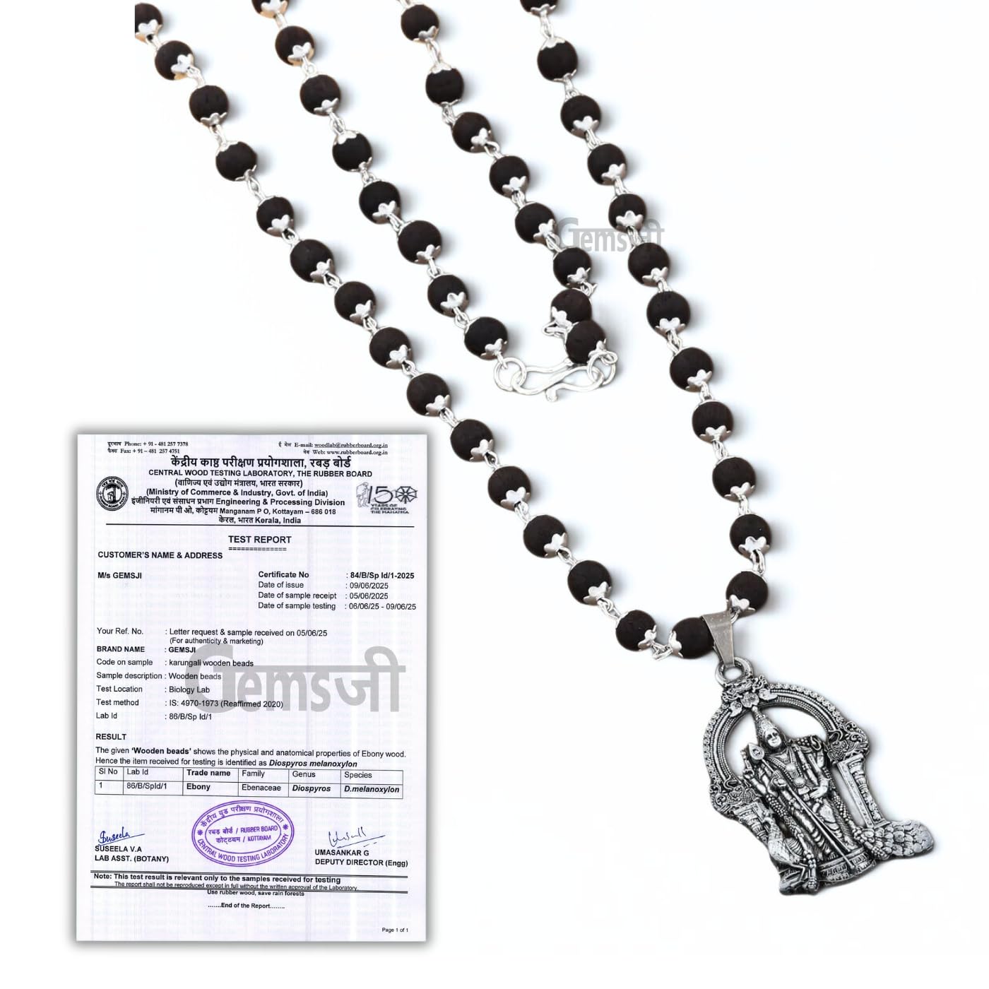 Original Karungali Malai With Lord Kartike Murugan Locket - Certified Ebony Beads Mala With Goverment Lab Test Certification - Authentic Black Ebony Wood 54 Beads German Silver Cap Mala For Meditaon & Spiritual Growth