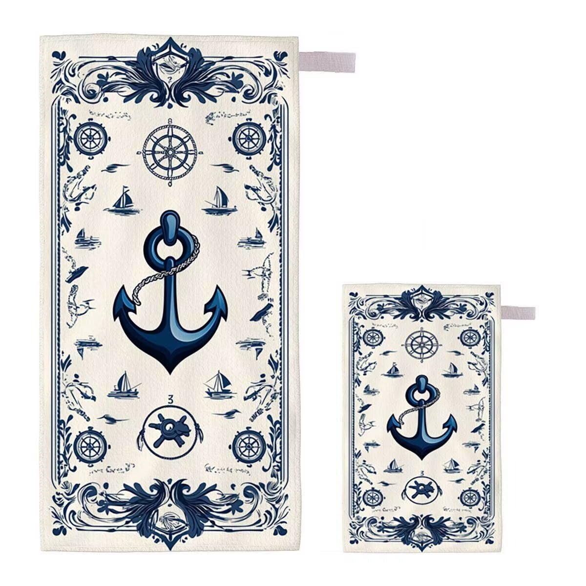 Toalla de Playa Grande 220x100cm/35x70cm, Juego de 2 Toalla Microfibra XXL de Antiarena, Toallas Playa Suave Ligera, Absorbente Secado Rápido, Beach Towel Viaje Yoga, Regalo Mujer Hombre (Ancla) D-49