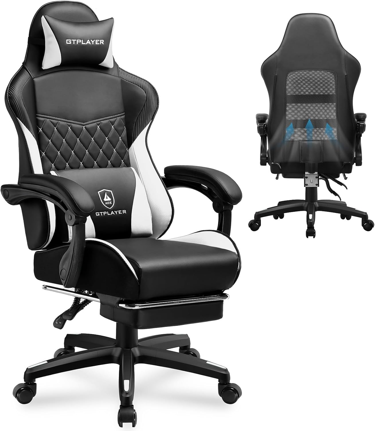 GTPLAYER Gaming Chair, High Back Leather Computer Gaming Chair with Footrest, Ergonomic Height Adjustable Office Chair with Removable Cover and Lumbar Support for Gaming and Work (White)