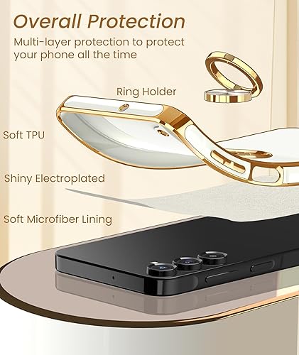 Miniatura 4 de Dretal Funda para Samsung Galaxy A15 5G, protector de pantalla, soporte de anillo giratorio de 360, soporte magnético, borde dorado plateado, funda
