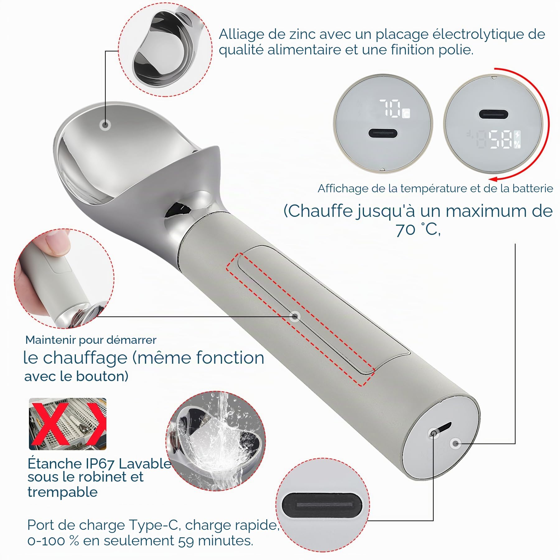 Cuillère à crème glacée chauffante rechargeable, cuillère à glace électrique avec affichage LED, chauffe à 70°C pour la glace dure, facile pour les seniors et les enfants, étanche IP67 (Gris)