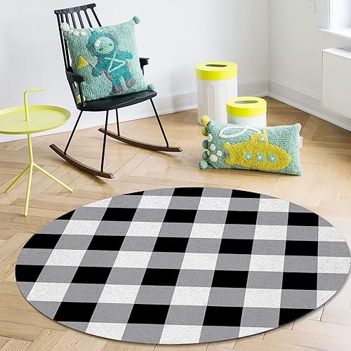 Alfombras para interiores, decoración de granja, color blanco y negro, a cuadros, Navidad, Halloween, antideslizante, redonda, para sala de estar,