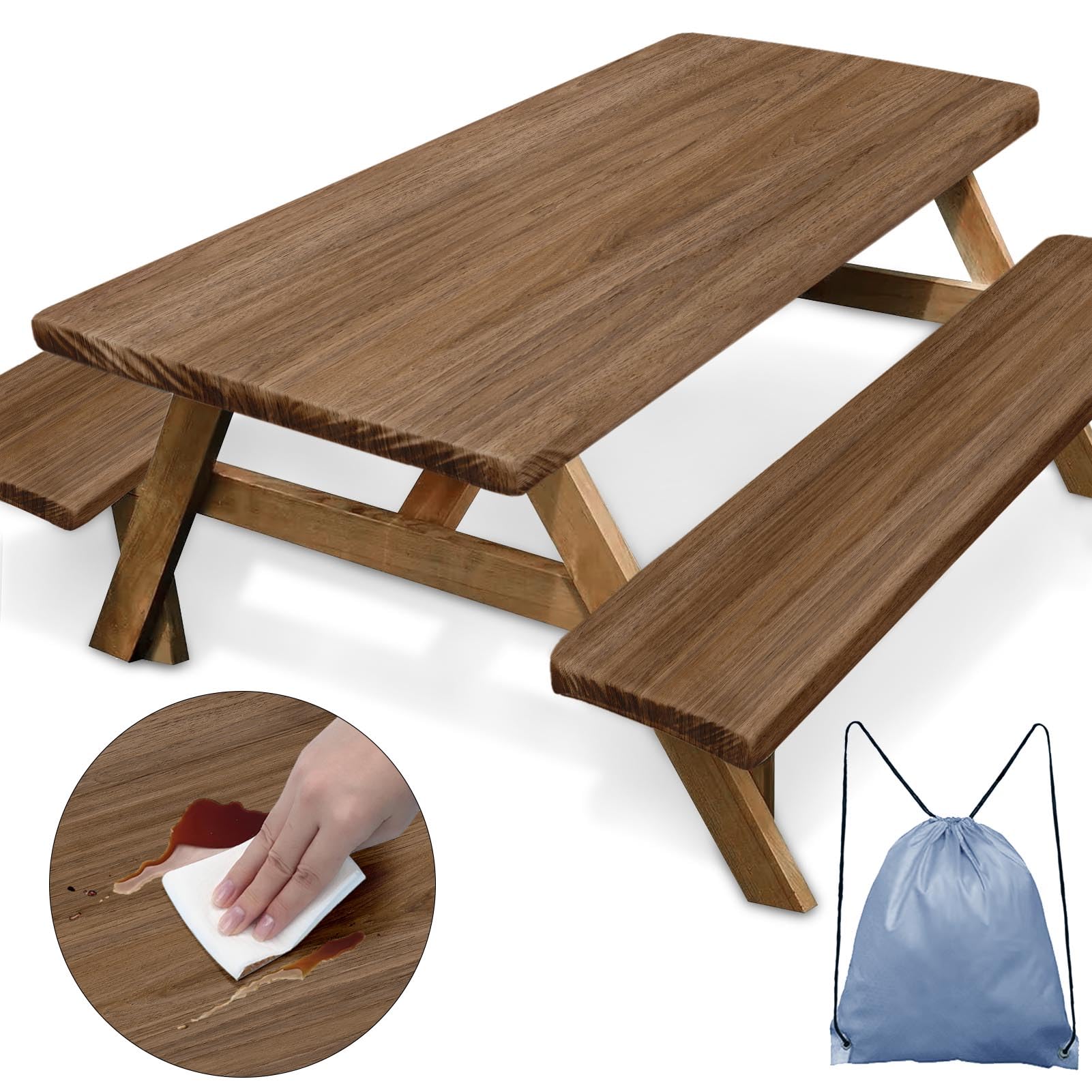 Wooden Brown Picnic Table Cover with Bench Covers, Vintage Beige Board Fitted Rectangle Table Cover, Outdoor Patio Camping Essentials 6FT 3PCS, Camping Fitted Tablecloth with Drawstring Bag-picture-29