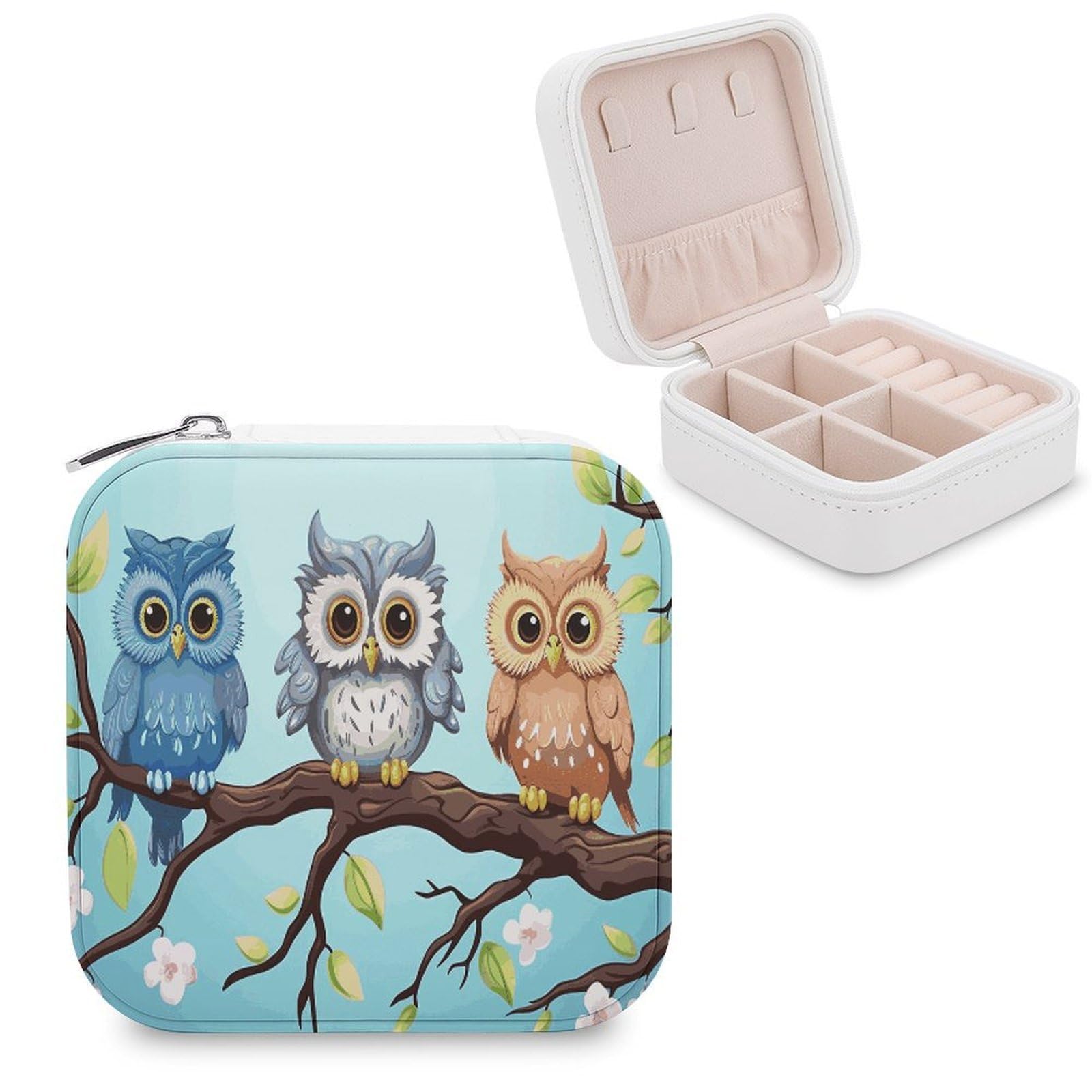 MUSM Owls on A Branch Travel Jewelry Case Personalized PU Leather Jewelry Boxes for Women Small Portable Jewelry Organizer Box Cute Trinket Box for Necklaces Rings Earrings & Gifts