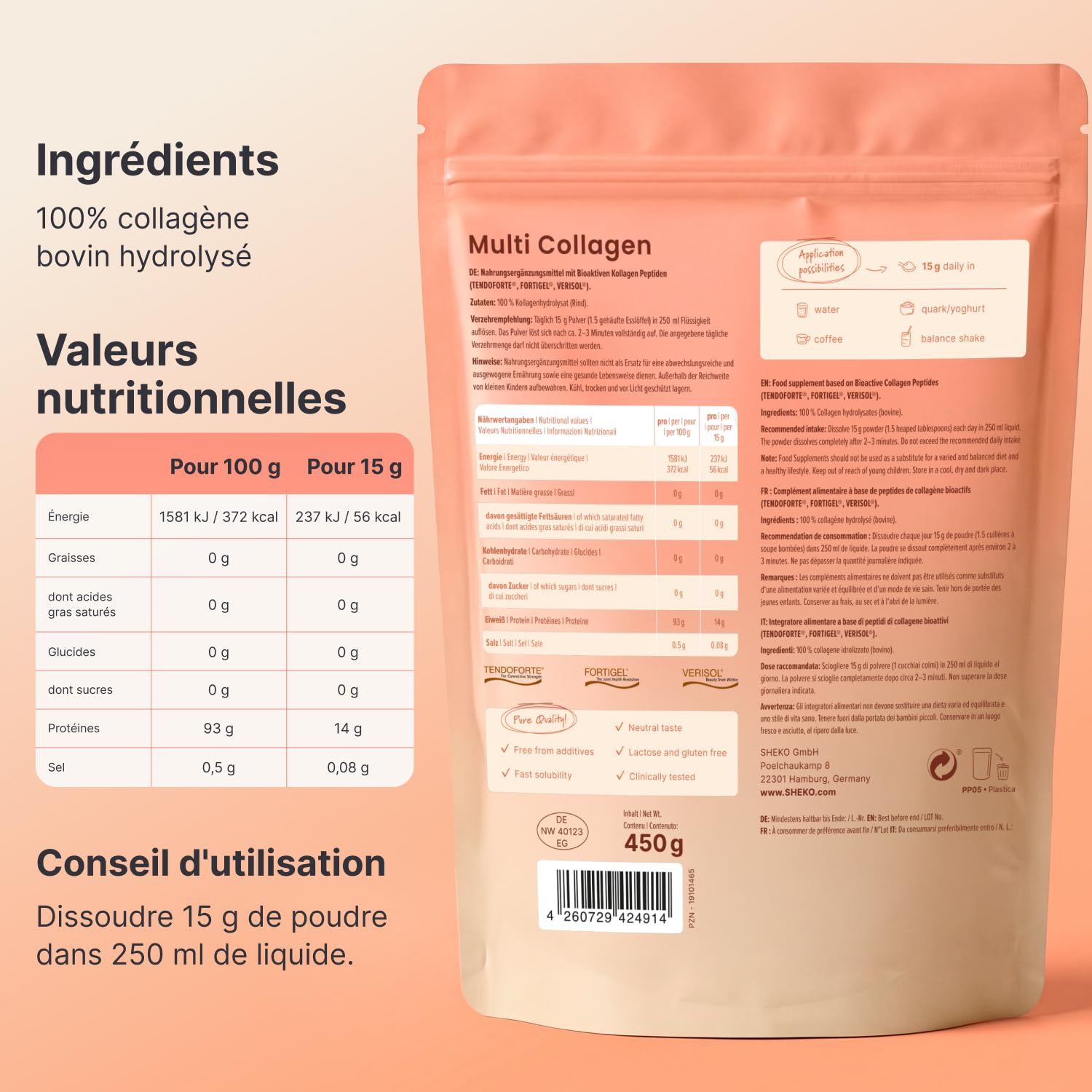 SHEKO Collagène Hydrolysé en Poudre - Bovin Type 1, 2, 3-3x 450 g | Peptides de collagène bovin · Saveur neutre et haute solubilité · Sans additifs ni lactose · 3x 450 g · Fabriqué en Allemagne
