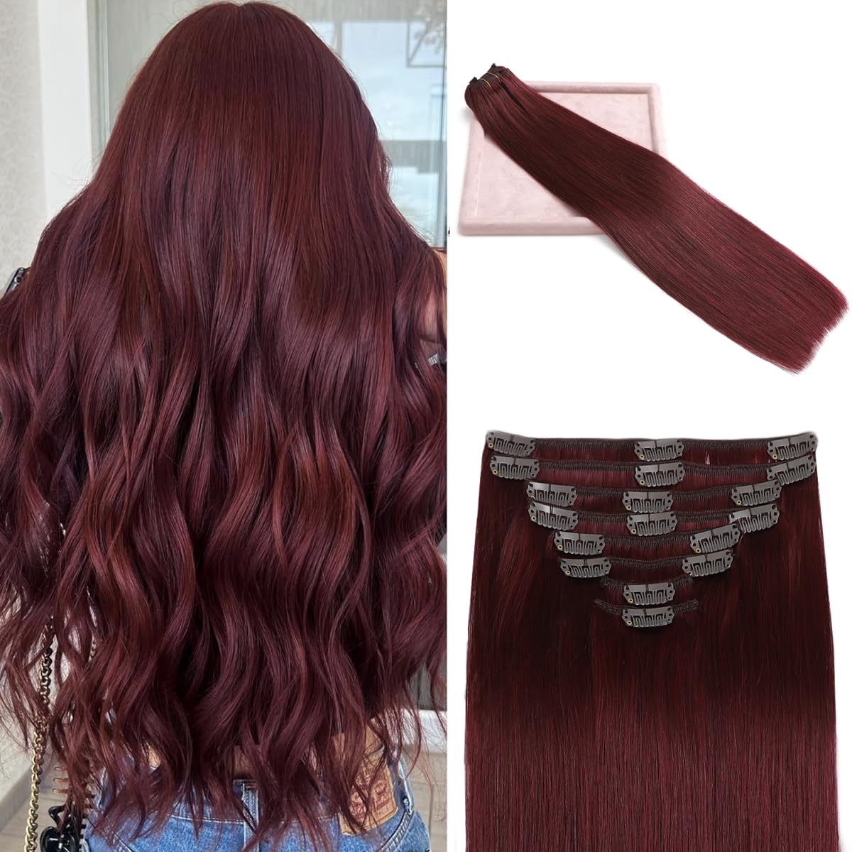 POGINJA Clip in Hair Extensions Real Human Hair, Red Wine Remy Human Hair Extensions Clip ins for Women, 100% Natural Human Hair, Double Weftm, 20inch