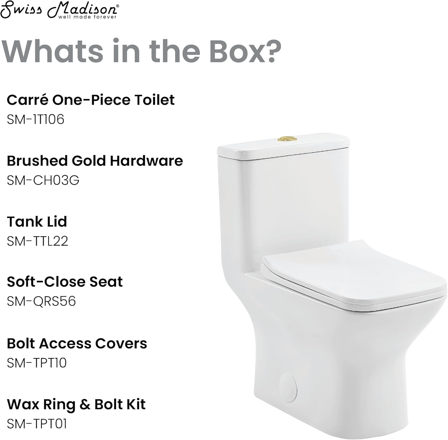 Carre One Piece Square Toilet Dual Flush, Brushed Gold Hardware 1.1/1.6 gpf
