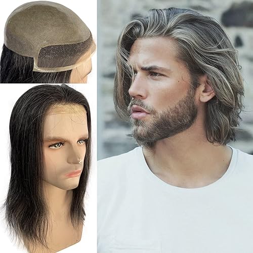 Voloria Cabello de 12 pulgadas de largo Toupee para hombre sistema de repuesto de cabello suizo con encaje frontal extensiones de cabello natural de
