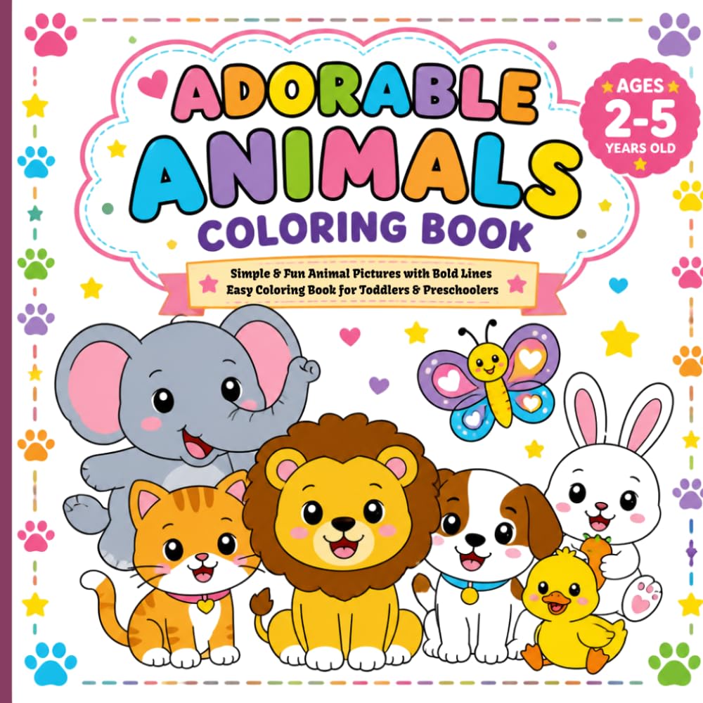 Adorable Animals Coloring Book for Kids Ages 2-5: Simple & Fun Animal Pictures with Bold Lines - Easy Coloring Book for Toddlers & Preschoolers