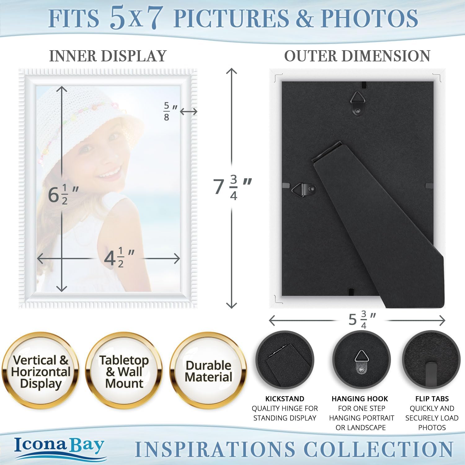 Icona Bay 5x7 Picture Frames (White, 12 Pack), Beautifully Detailed Molding, Contemporary Picture Frame Set, Wall Mount or Table Top, Inspirations Collection