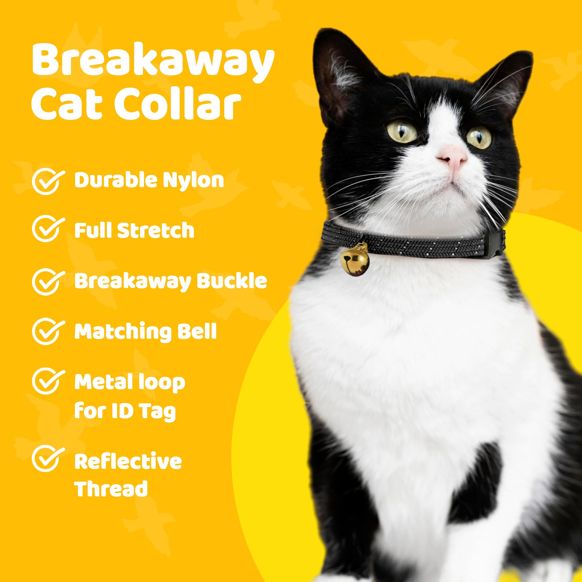 BirdsBeSafe® Collar de gato con campana, hilo reflectante para visibilidad nocturna, cómodo collar elástico para proteger al gato de atascarse en el jardín.