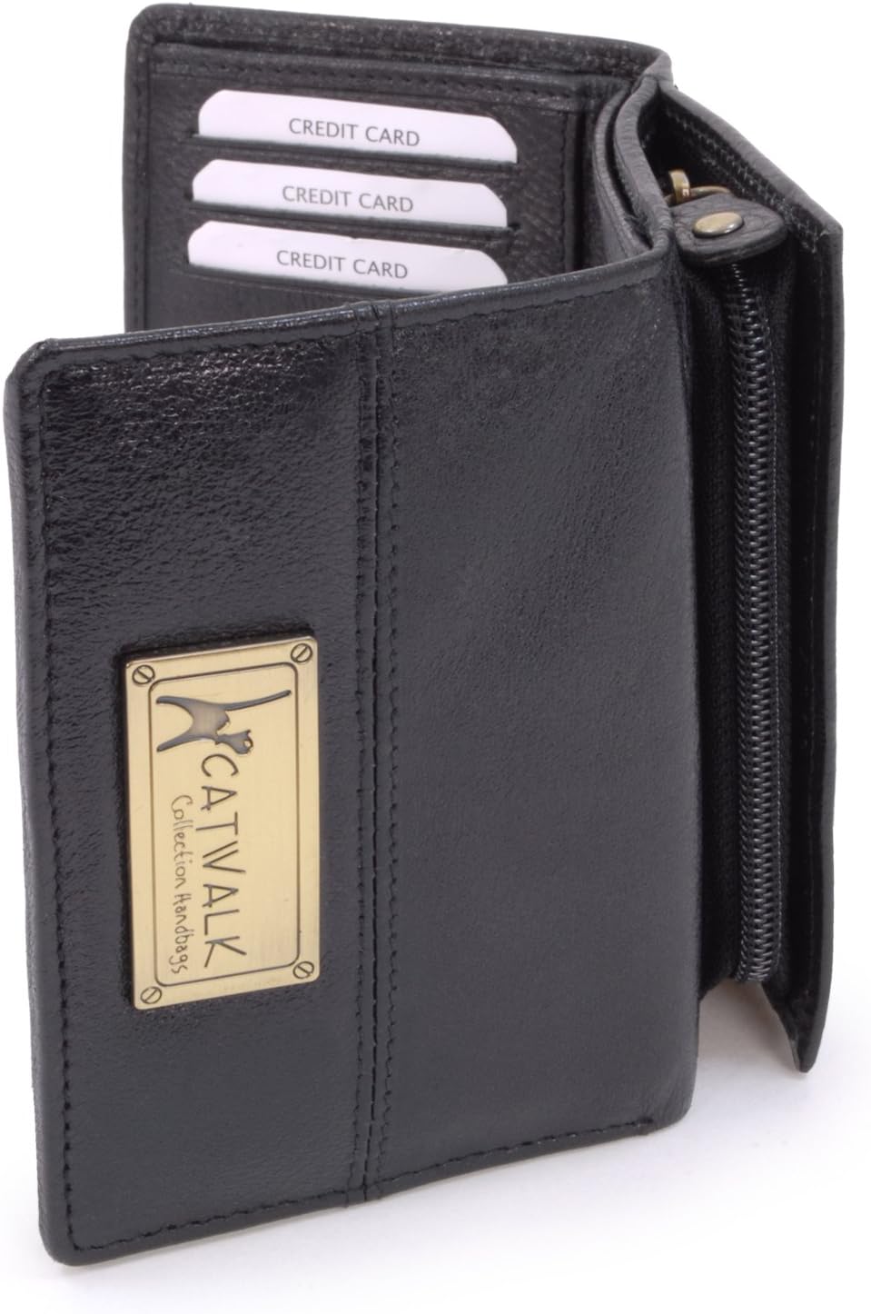 Catwalk Collection Handbags - Ladies Medium Leather Purse - Women's Trifold Wallet with 8 Card Slots & Zip Coin Pocket - RFID - Victoria - Black