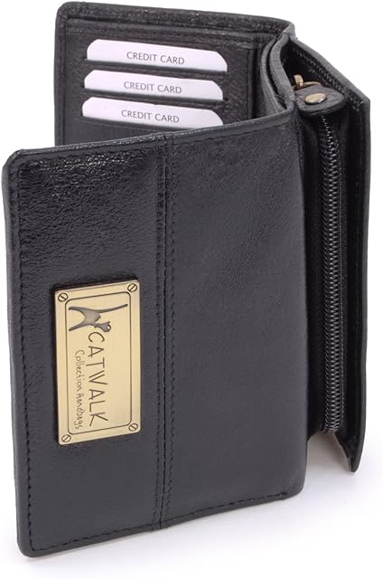 Catwalk Collection Handbags - Ladies Mid-Size Organiser Trifold Purse with Gift Box - Real Leather with RFID Protection - Credit Card Wallet with Zip Coin Compartment - Victoria - Black - RFID