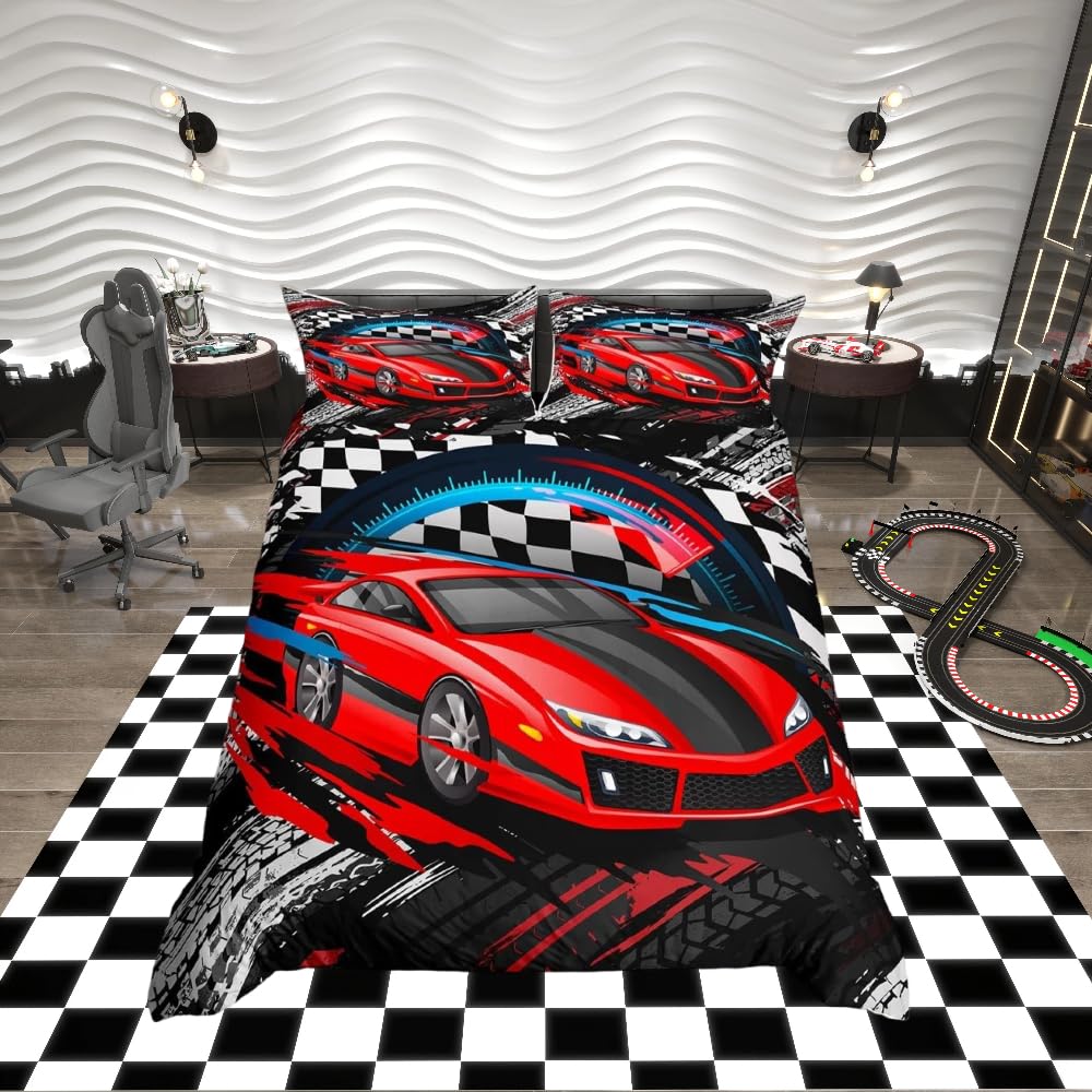 Loussiesd Racing Car Bedding Set for Girls Boys Children Teens Race Sports Car Comforter Cover Extreme Sports Theme Duvet Cover Decorative Bedspread Cover Double Size Bedding Collection 3Pcs