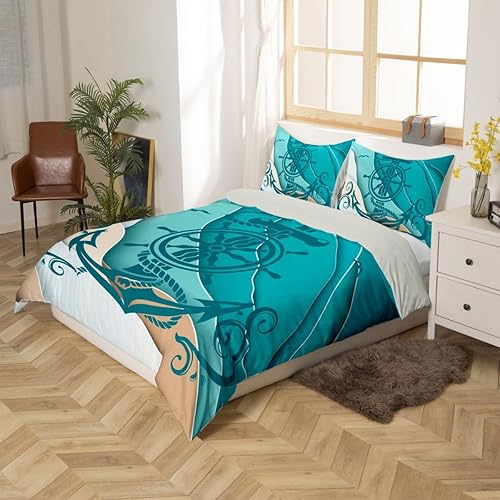 Miniatura 5 de Erosebridal Funda de edredón costera del océano, juegos de ropa de cama con ancla náutica, tamaño King, funda de edredón con brújula de gaviota,