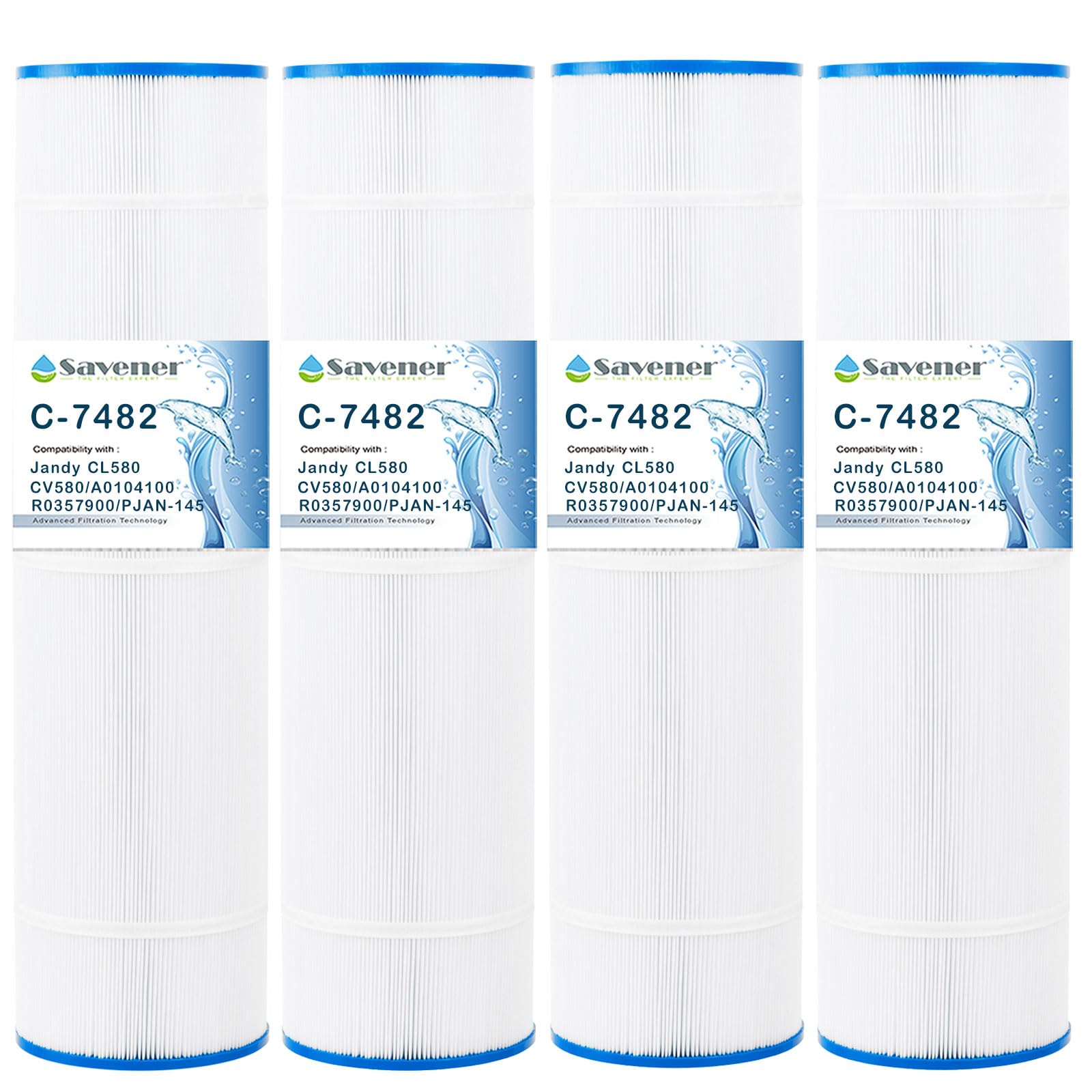 Savener PJAN145 Pool Filter Replaces Jandy CL580, CV580, Unicel C-7482, Ultral-A10, Filbur FC-0820, A0104100, R0357900, Filbur FC-6415, SD-01109, 145 sq.ft Filter Cartridge 4 Pack