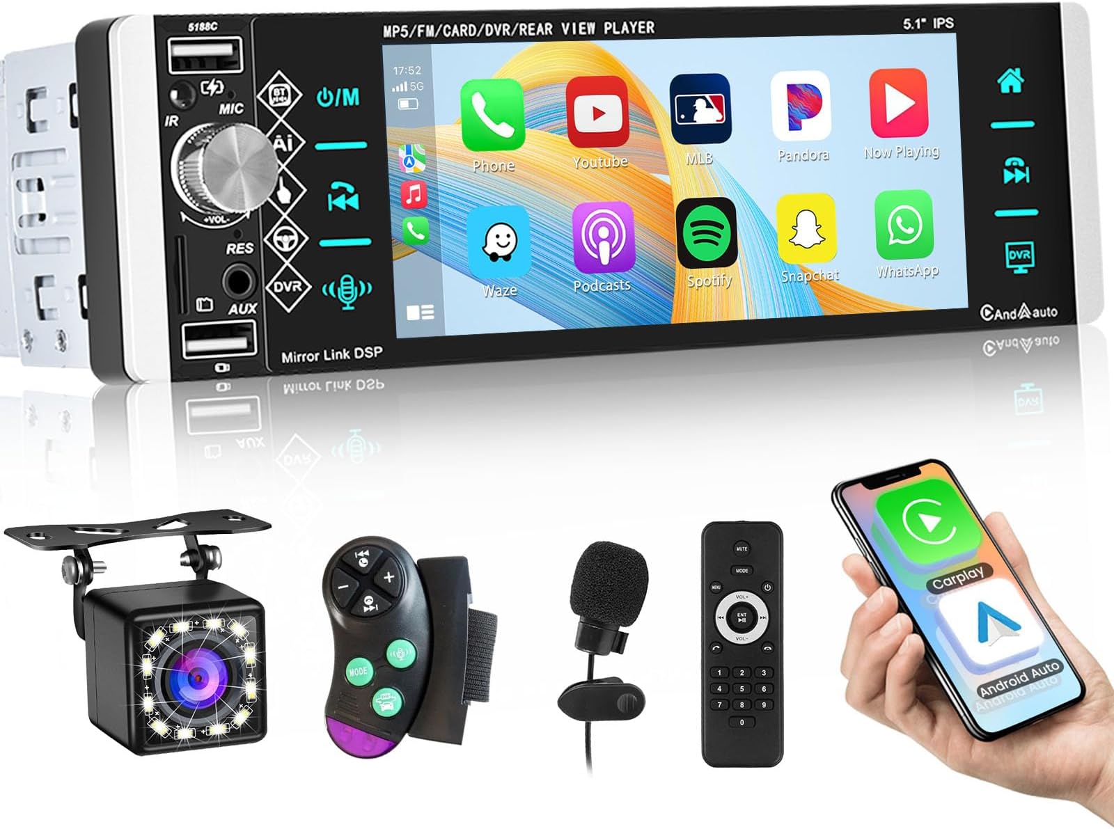 Roinvou Single Din Car Radio Stereo with Carplay Android Auto, 5.1 Inch Touch Screen Bluetooth Radio, Support FM Mirror Link Backup Camera Fast Charging Remote Control SWC