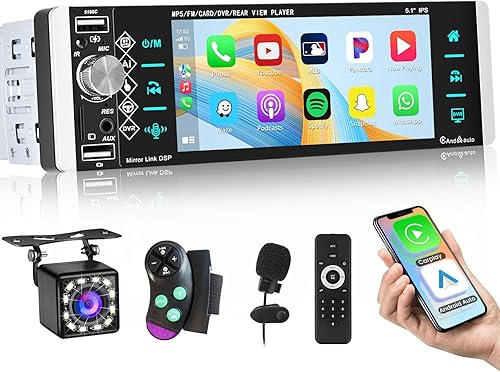 Roinvou Estéreo de radio de coche de un solo DIN con Carplay Android Auto, pantalla táctil de 5.1 pulgadas, radio Bluetooth, soporte FM Mirror Link