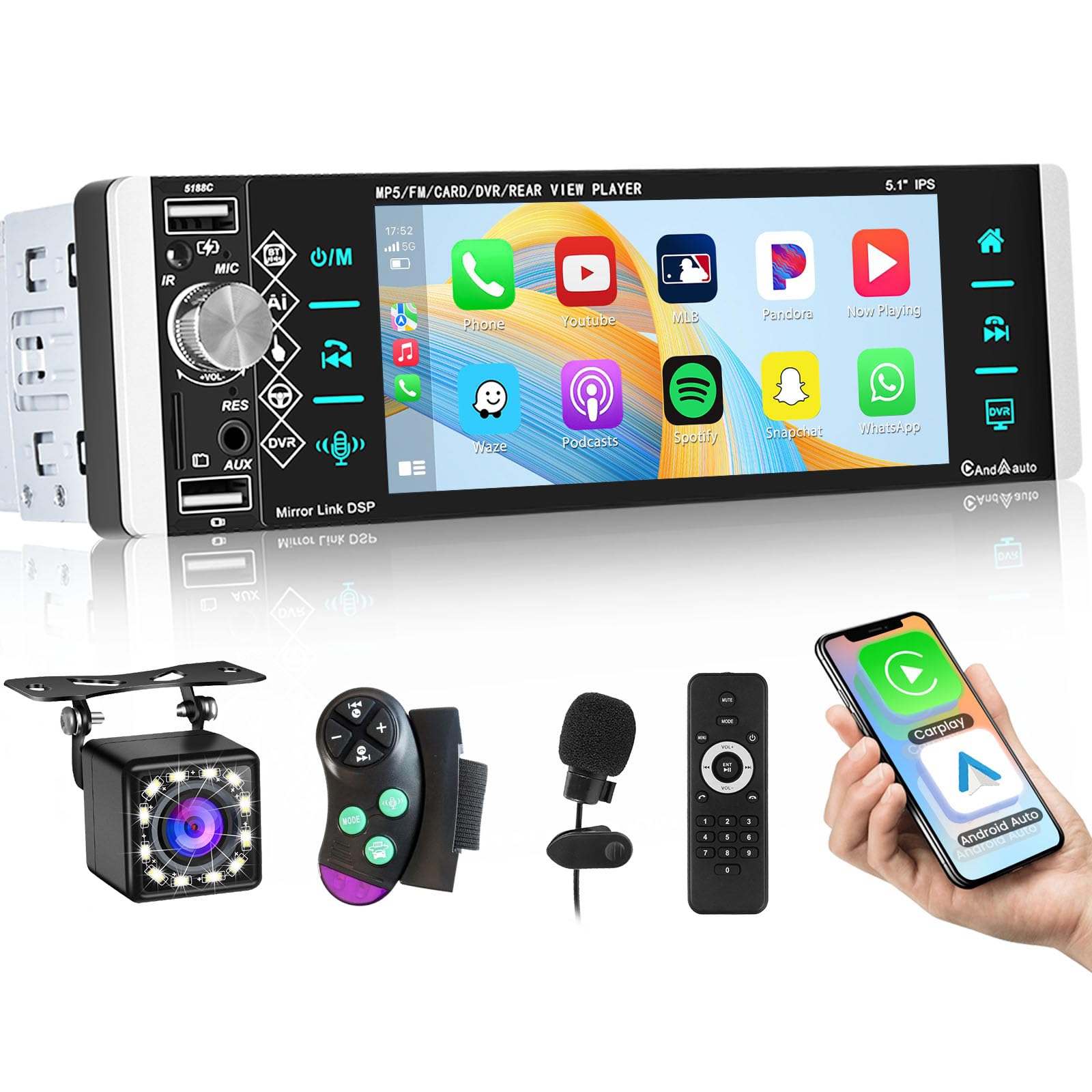 Roinvou Single Din Car Radio Stereo with Carplay Android Auto, 5.1 Inch Touch Screen Bluetooth Radio, Support FM Mirror Link Backup Camera Fast Charging Remote Control SWC