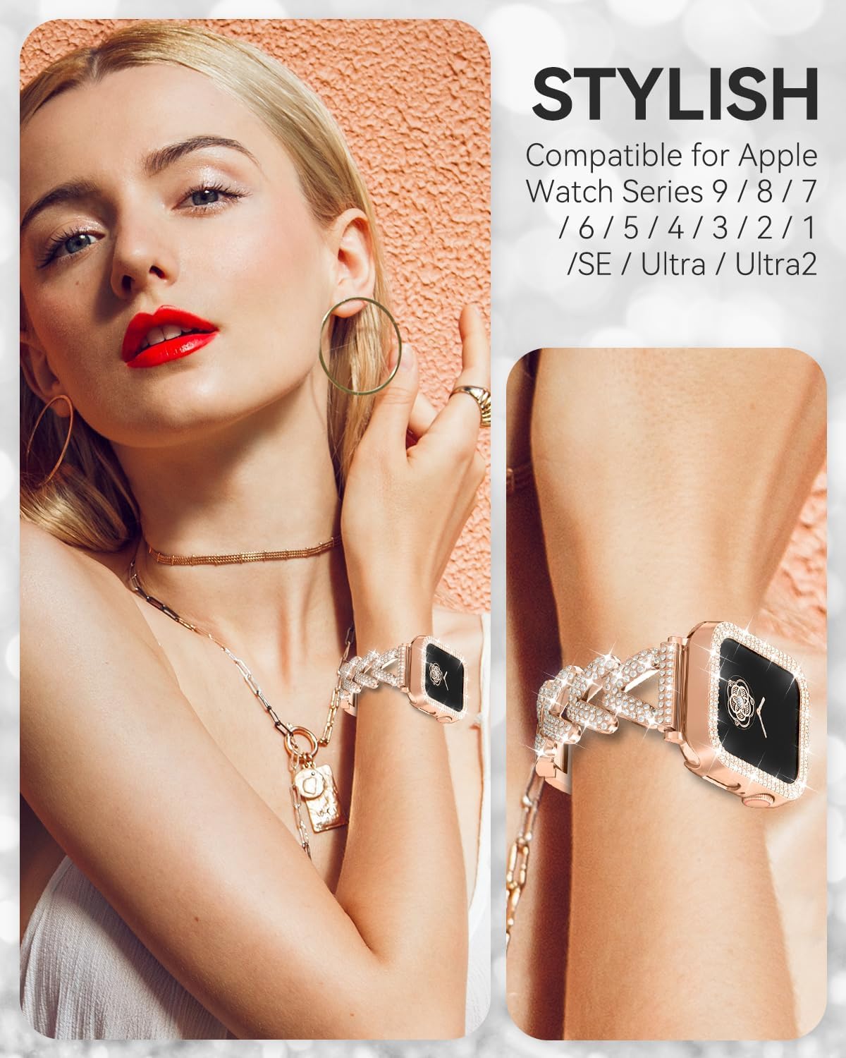 V-800個 ダイヤモンドが散りばめられたメタルバンドとケース、Apple Watch 38mm-49mm (10/1/SE/Ult