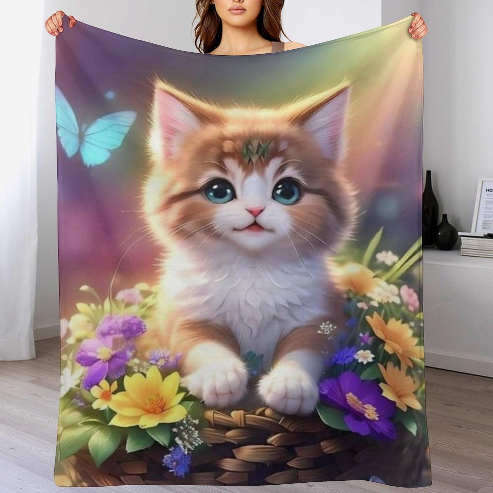 Couverture polaire chat mignon en tissu peluche flannel haut de gamme pour canape
