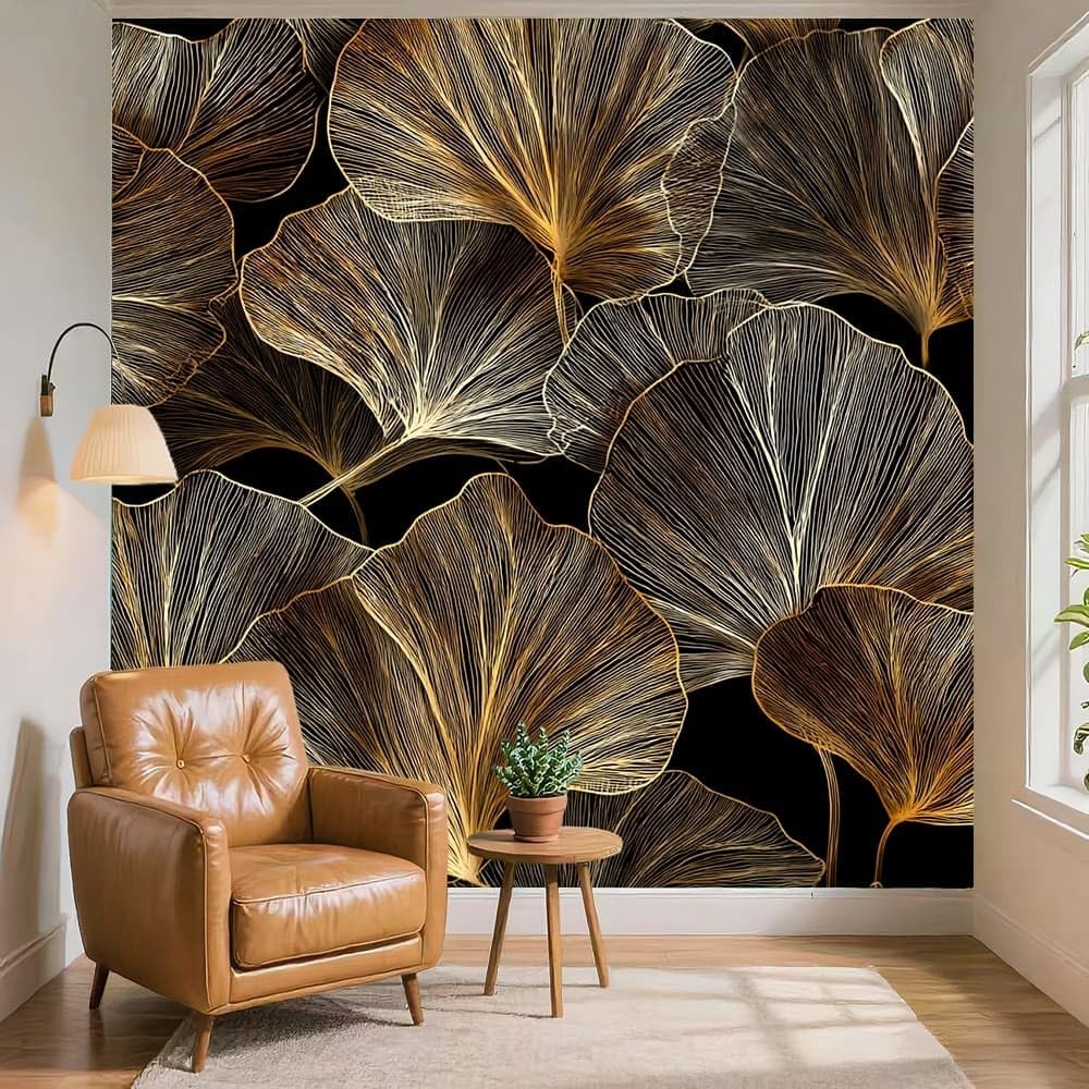 Moda Fototapeta 350 x 256 cm Abstrakcyjne Rośliny Nowoczesne 3D Zdejmowana Złota Panoramiczna Tapeta Biuro Sypialnia Salon, Hd Zdjęcie