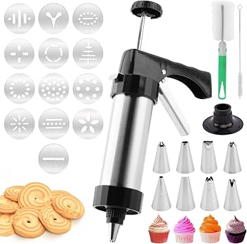 Cookie Press Gun Kit, Stainless Steel Hand Press with 13 Discs and 8 Tips, 2 Cleaning Brushes, Easy Shaping Tool for Spritz Cookies, Icing, Egg Filling and More
