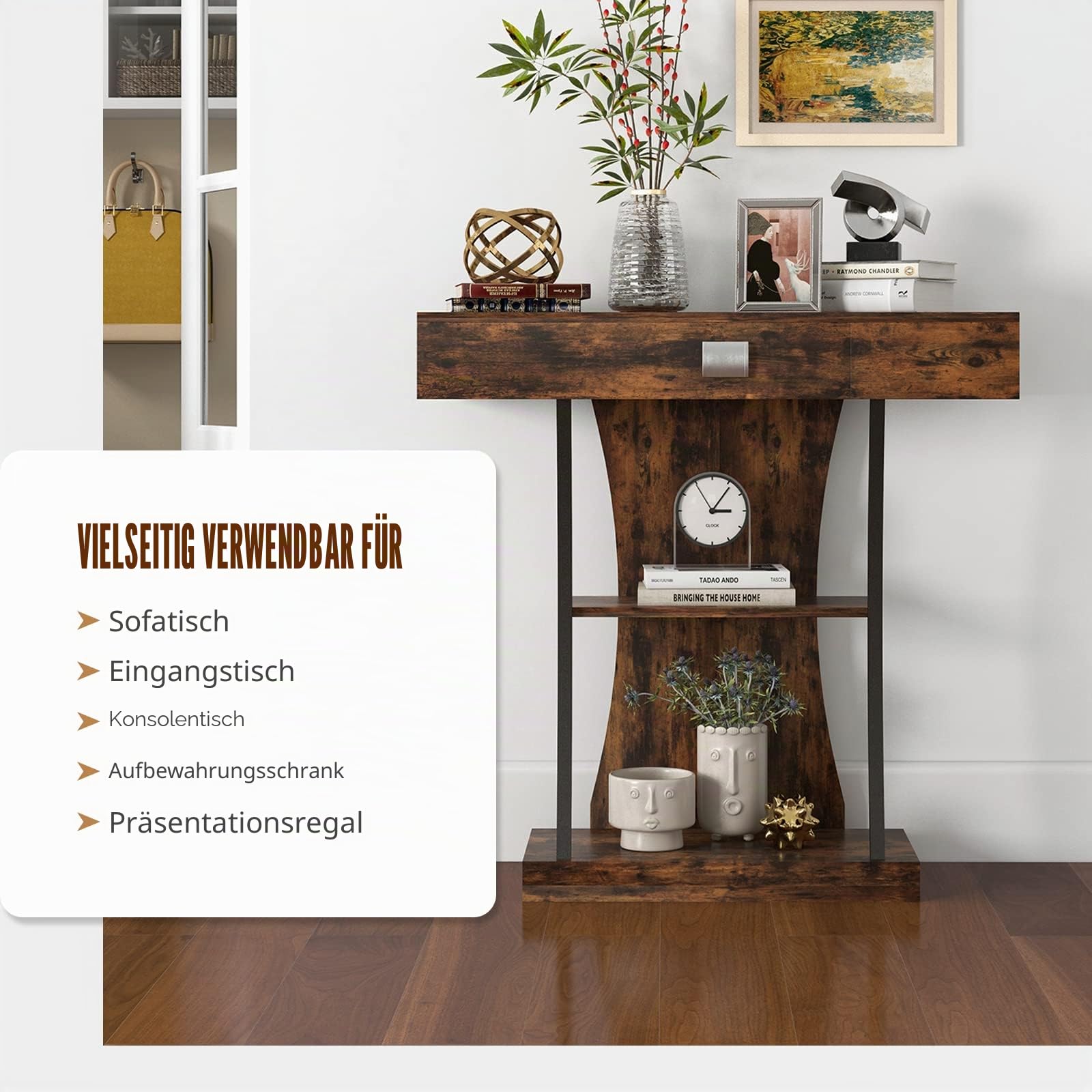 LIFEZEAL Konsolentisch Schmal, Flurtisch mit 3 Ebenen, Beistelltisch Holz mit Schublade, Sideboard Console Table für Eingang, Flur, Wohnzimmer, Rustikales Braun (Braun)