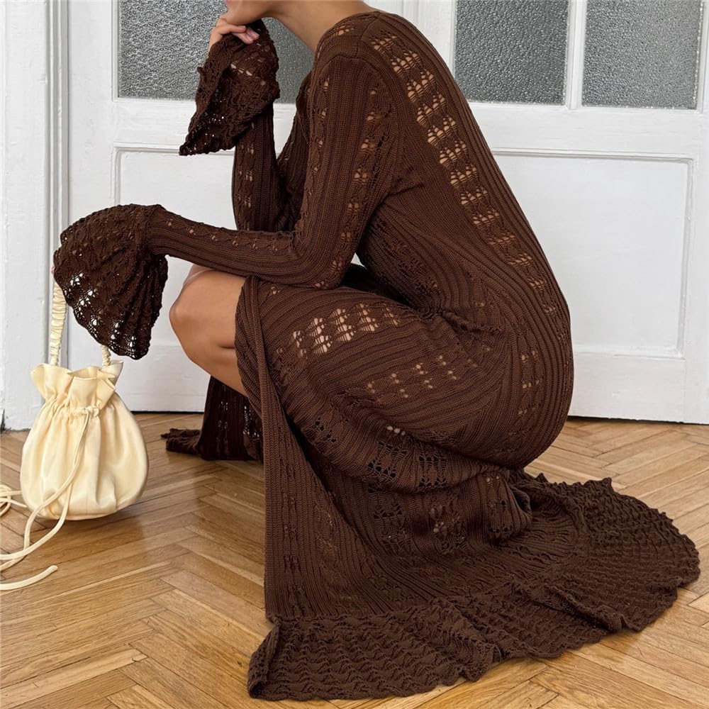 Women's 2025 Trendy V-Neck Button Down Crochet Knit Maxi Long Cardigans - Image 5
