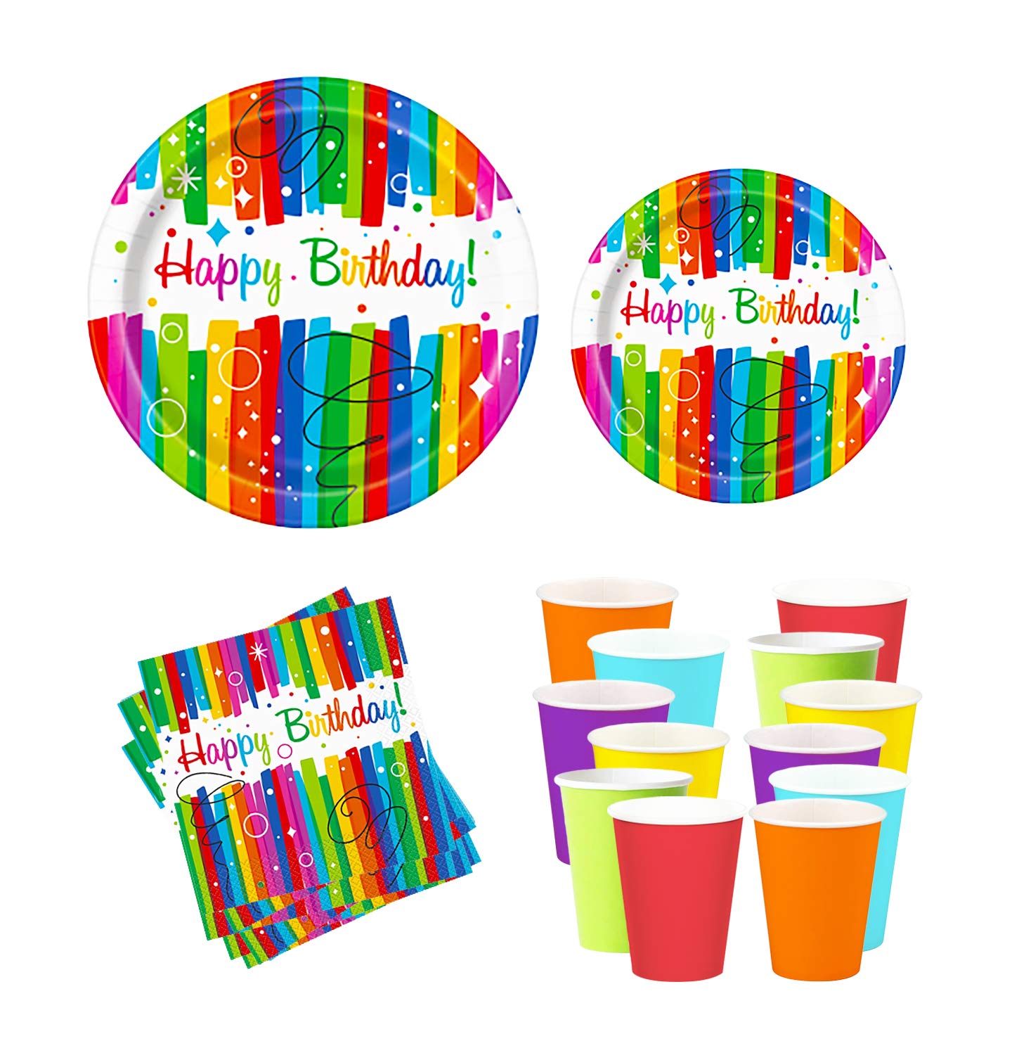 PARTY TIMEHappy Birthday Rainbow Design Set of 48 Pieces Party Tableware Baby Shower Disposable Dinnerware Plates Napkins Cups Party and Different Events Birthday Supplies