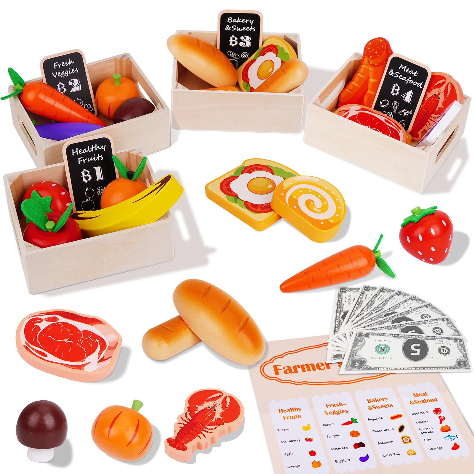 KMTJT Wooden Play Food for Toddlers 1-3 | 46 PCS Toy Food with Play Money for Pretend Play Kitchen Accessories | Wood Play Fake Food Sorting Toys for 12-18 Months Boys Girls | 1st Birthday Gifts