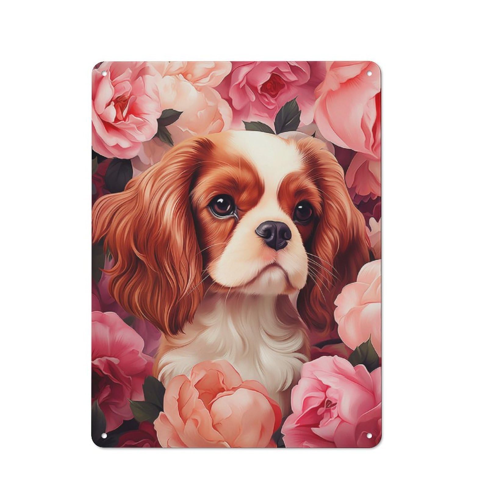 40x30cm Rustic Tin Sign with Cavalier King Charles Spaniel in Roses for Studio Or Craft Room, Tin Sign Wall Decor for Studios And Craft Rooms