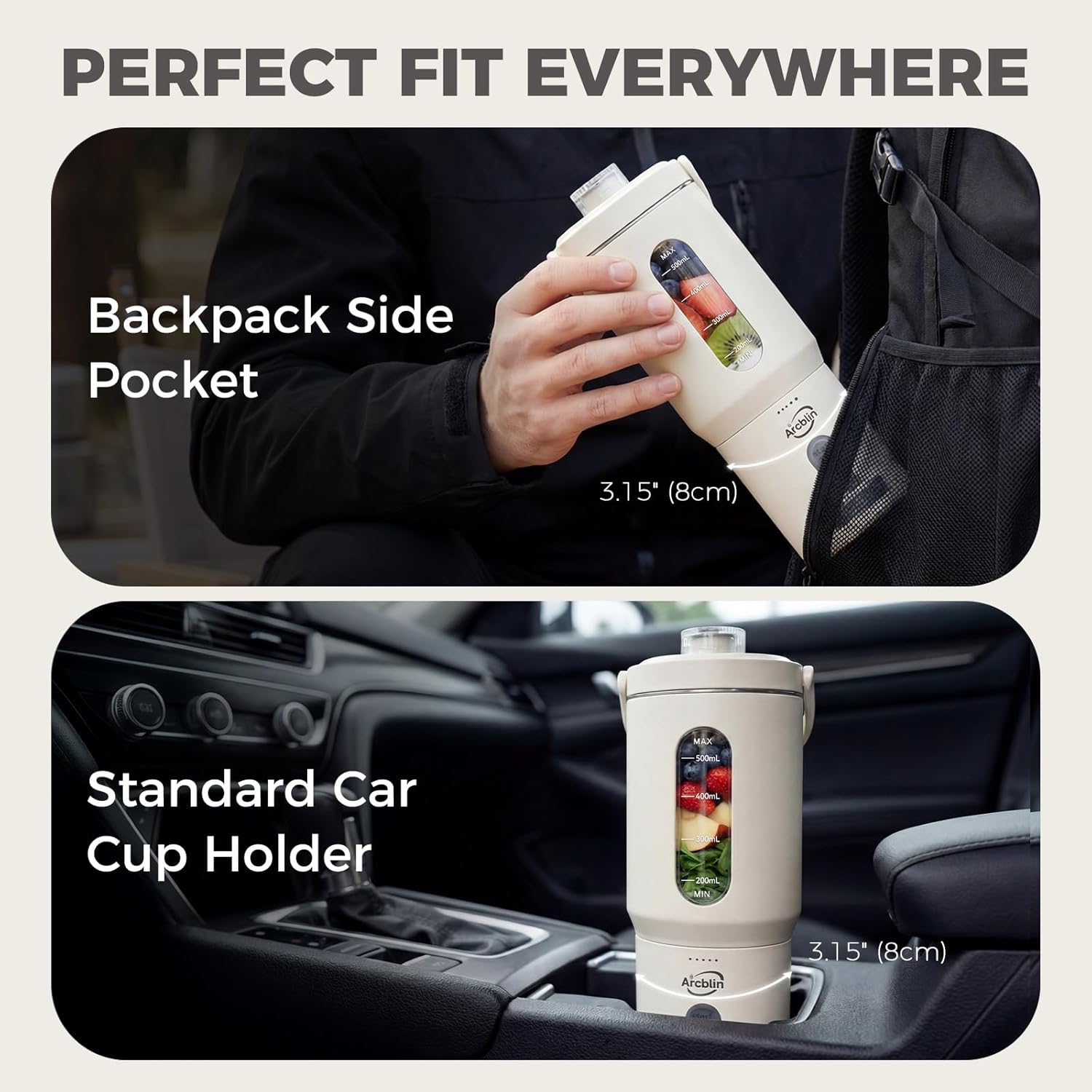 Portable Blender for Shakes and Smoothies, 17oz Personal Blender with Detachable To-Go Cup & Carry Handle, USB-C Rechargeable Mini Juicer, Auto-Shutoff, BPA Free, Dishwasher Safe, White